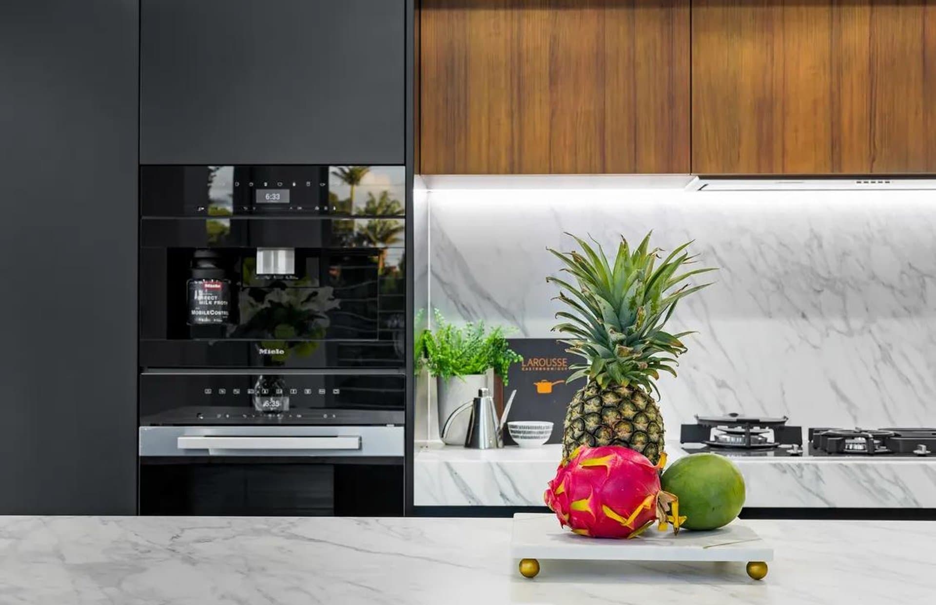 Built-in coffee station and marble splashback in a Sydney luxury kitchen
